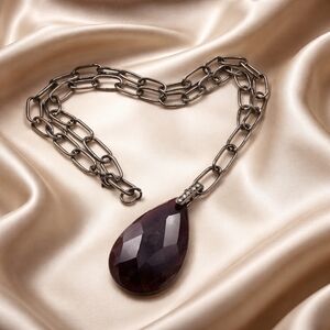 Gunmetal Chain Necklace with Faceted Teardrop Pendant